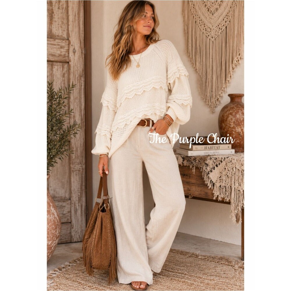 EXPRESS NWT Ivory Chunky Knit Tiered Lace Crochet Wool/Alpaca Sweater L